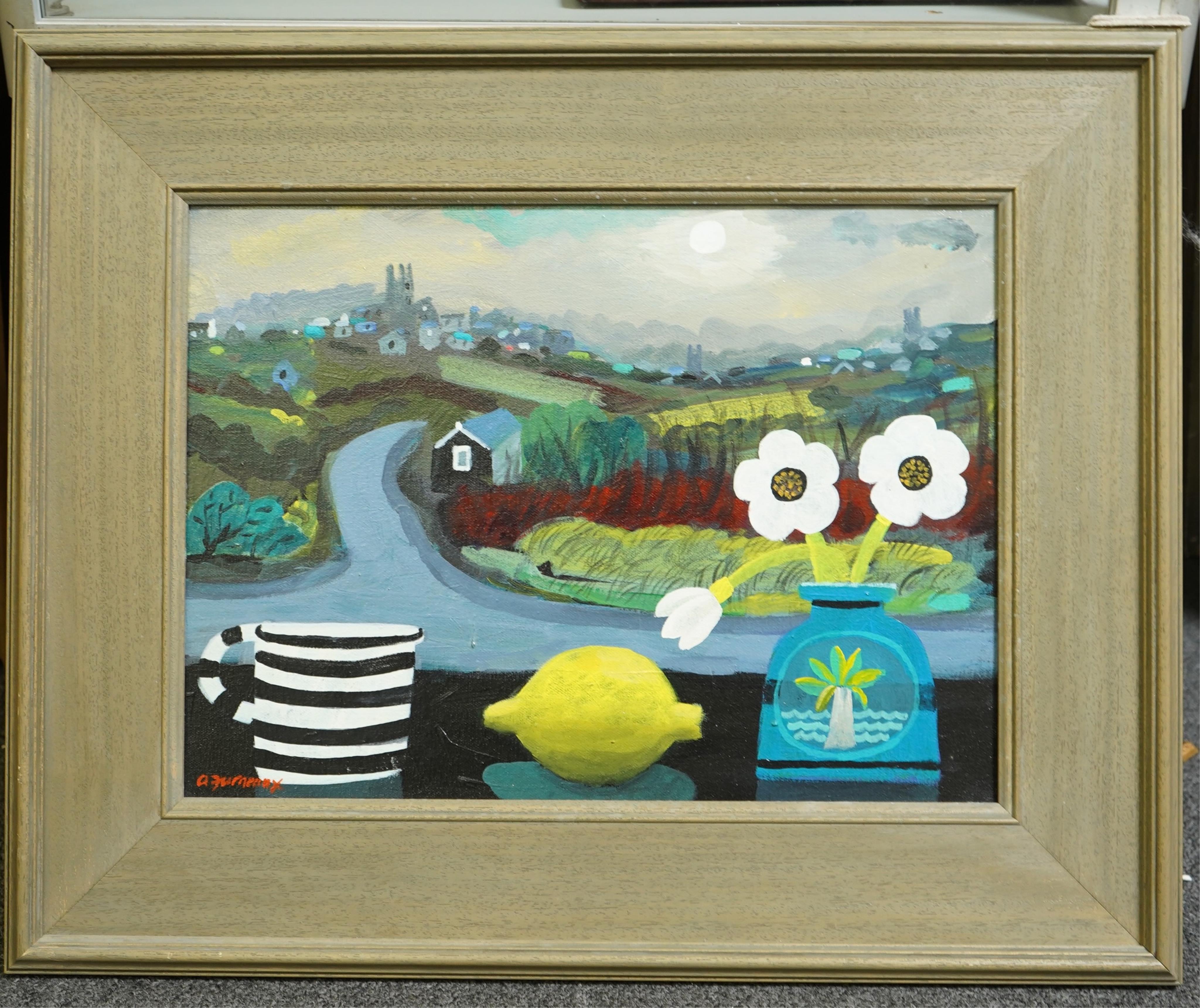 Alan Furneaux (English, b.1953), 'St Just, Cornwall & Still life', oil on canvas, 29 x 39.5cm